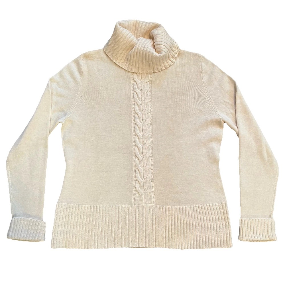 Sarah‎ Spencer Women's L Merino Wool Sweater Cable Knit Ribbed Turtle Neck Cream